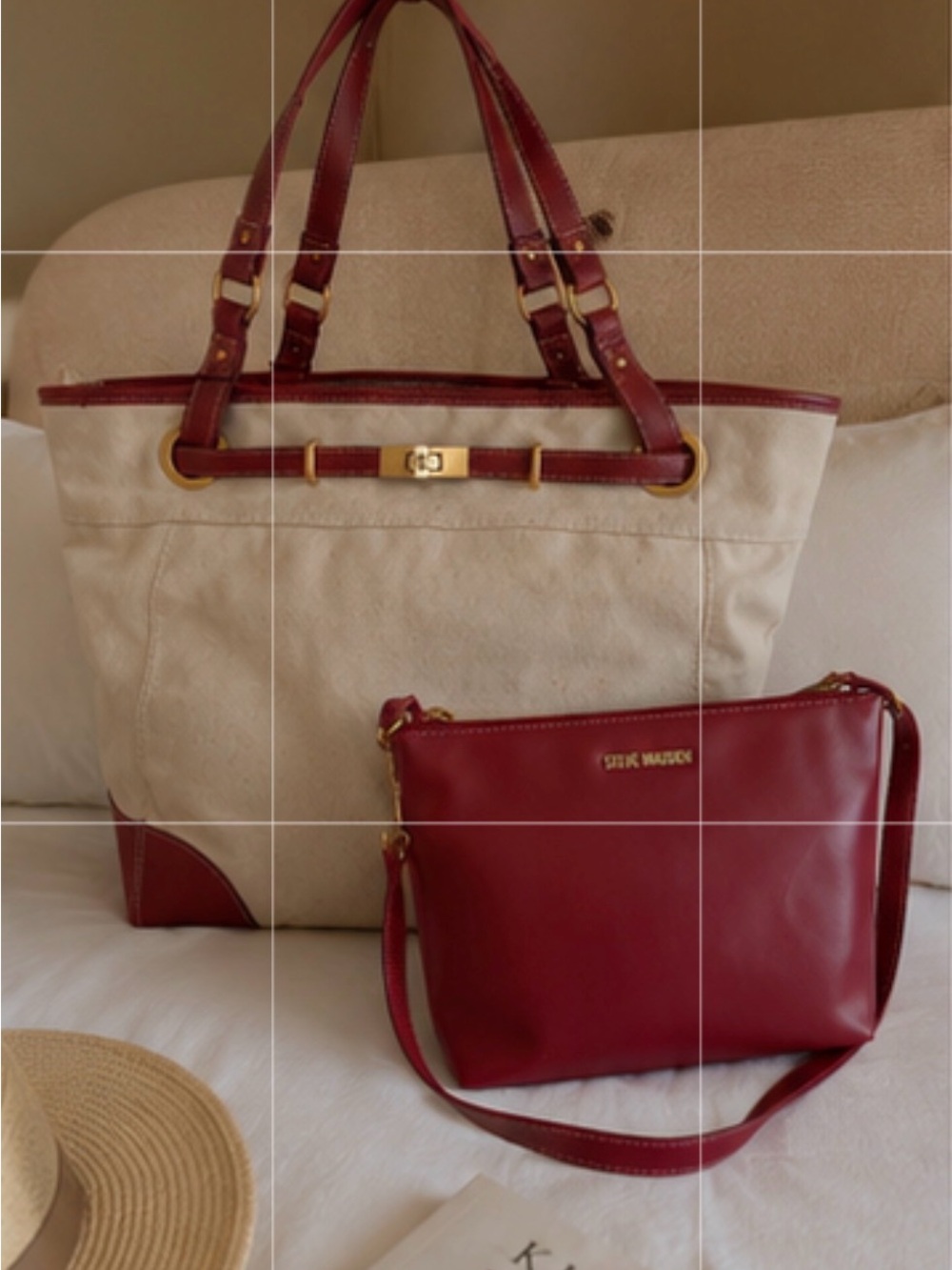 Steve Madden | Wine Canvas Boatkin Vacation Tote w/ Separate Purse & Crossbody